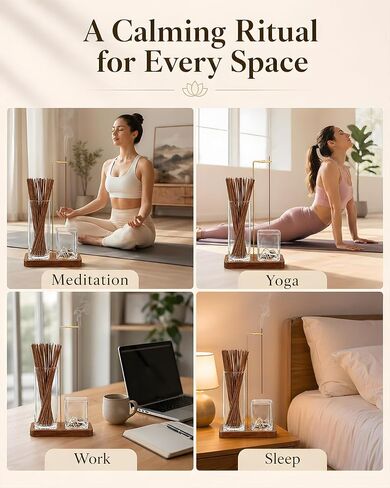 Incense Holder for Sticks, 2 in 1 Glass Incense Burner with Storage, Solid Sapele Wood Base, Removable Mountain Ash Catcher, Vertical Windproof Stand for Outdoor, Meditation (Dark Walnut) in Saudi Arabia