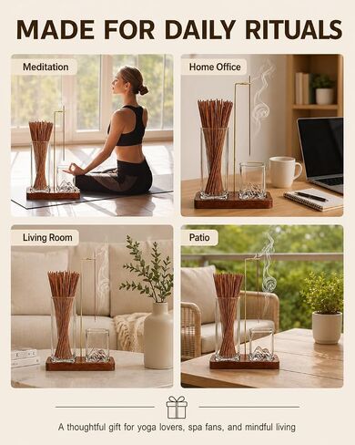 Incense Holder for Sticks, 2 in 1 Glass Incense Burner with Storage, Solid Sapele Wood Base, Removable Mountain Ash Catcher, Vertical Windproof Stand for Outdoor, Meditation (Dark Walnut) in Saudi Arabia