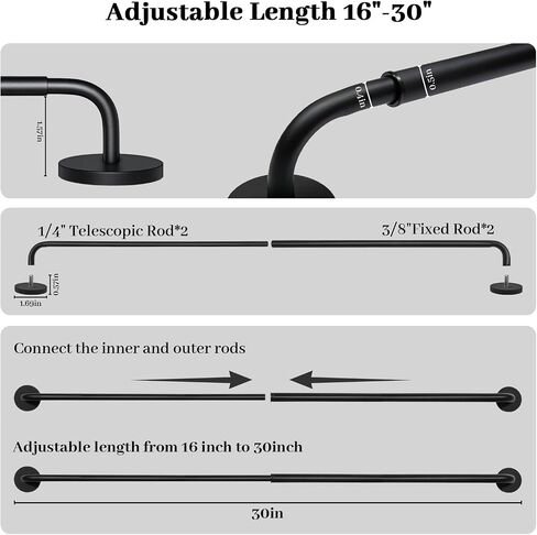 2 Pack Magnetic Curtain Rod for Metal Door, Adjustable 16 to 30 Inch, 1/2 Inch Diameter, French Door Magnetic Curtain Rods with Hooks (Black) in Saudi Arabia