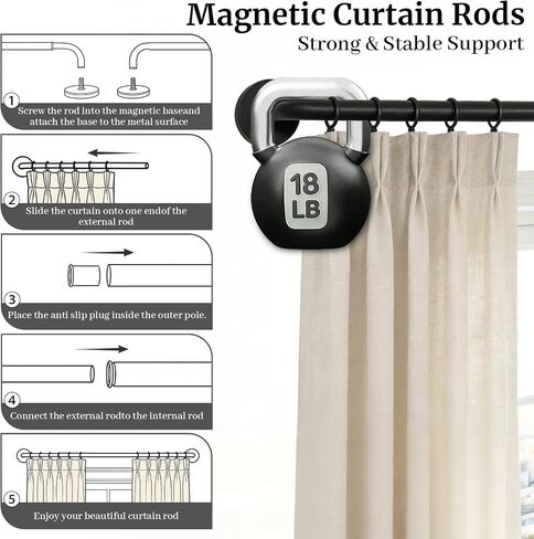 2 Pack Magnetic Curtain Rod for Metal Door, Adjustable 16 to 30 Inch, 1/2 Inch Diameter, French Door Magnetic Curtain Rods with Hooks (Black) in Saudi Arabia