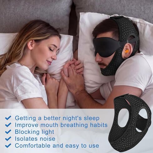 Chin Strap for Sleeping, Anti Snoring Devices Comfortable Effective Stop Snoring Solution, Snore Stopper Breathable, Anti Snore Chin Strap Adjustable Velcro, with Eye Mask, Black in Saudi Arabia