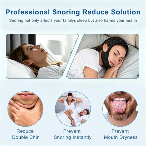 Chin Strap for Sleeping, Anti Snoring Devices Comfortable Effective Stop Snoring Solution, Snore Stopper Breathable, Anti Snore Chin Strap Adjustable Velcro, with Eye Mask, Black in Saudi Arabia
