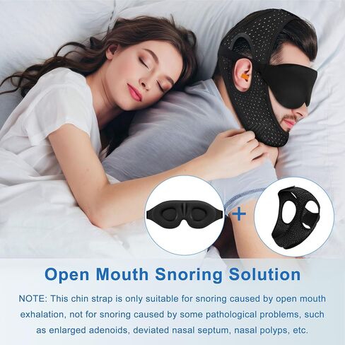 Chin Strap for Sleeping, Anti Snoring Devices Comfortable Effective Stop Snoring Solution, Snore Stopper Breathable, Anti Snore Chin Strap Adjustable Velcro, with Eye Mask, Black in Saudi Arabia