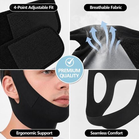 Anti Snore Chin Strap for Sleeping, 4-Point Adjustable Strap to Keep Mouth Closed for Comfortable Sleep and Wake Up Refreshed, Black in Saudi Arabia