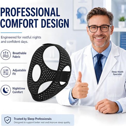 Chin Strap for Sleeping, Adjustable Breathable Jaw Support, High Elasticity Snoring Reduction Aid for Men and Women - 22In Black in Kuwait