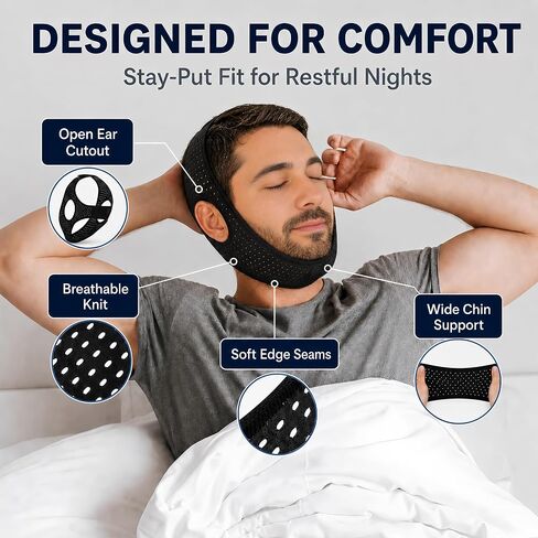 Chin Strap for Sleeping, Adjustable Breathable Jaw Support, High Elasticity Snoring Reduction Aid for Men and Women - 22In Black in Kuwait