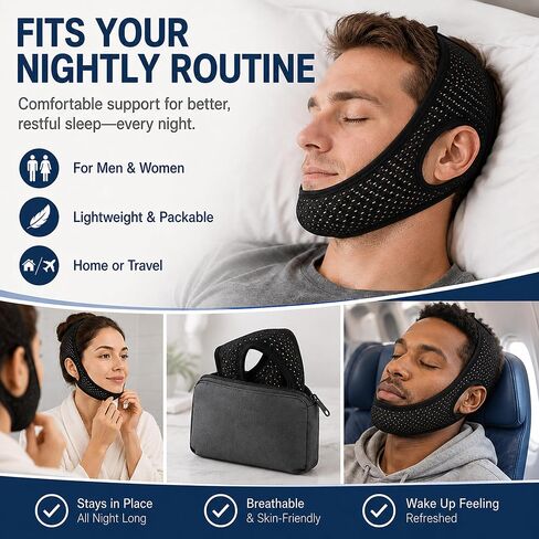 Chin Strap for Sleeping, Adjustable Breathable Jaw Support, High Elasticity Snoring Reduction Aid for Men and Women - 22In Black in Kuwait