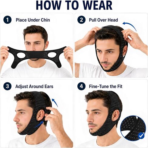 Chin Strap for Sleeping, Adjustable Breathable Jaw Support, High Elasticity Snoring Reduction Aid for Men and Women - 22In Black in Kuwait