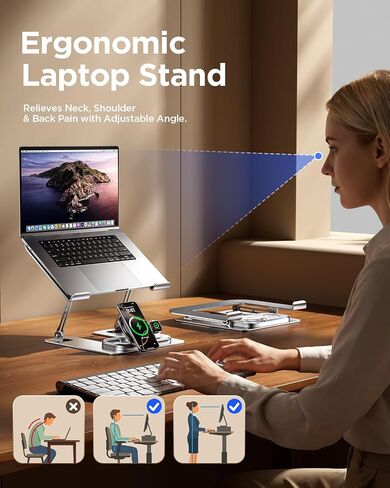 Adjustable Laptop Stand with Wireless Charger, 3-in-1 Charging Station for Phone and Watch, Ergonomic Aluminum Notebook Riser with LED Light, Qi2 Fast Charging (Silvery) in Kuwait