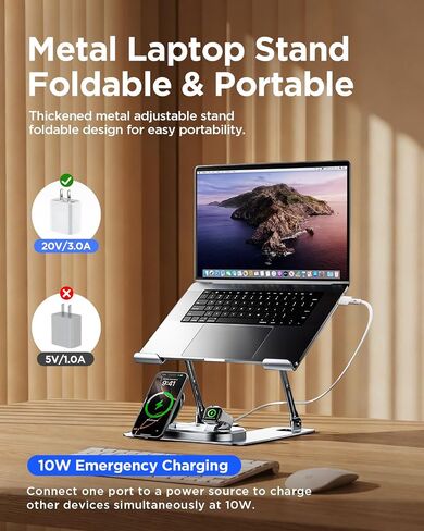 Adjustable Laptop Stand with Wireless Charger, 3-in-1 Charging Station for Phone and Watch, Ergonomic Aluminum Notebook Riser with LED Light, Qi2 Fast Charging (Silvery) in Kuwait