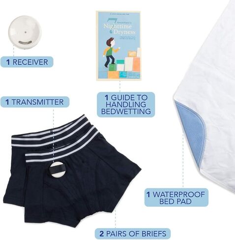 Rodger Wireless Bedwetting Alarm Kit - Bed Wetting System for Kids - Two Moisture Sensing Briefs, Waterproof Bed Pad, Guide Book, Free Mobile App - Child, Navy, Large in Kuwait