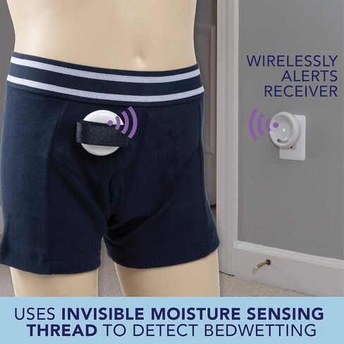 Rodger Wireless Bedwetting Alarm Kit - Bed Wetting System for Kids - Two Moisture Sensing Briefs, Waterproof Bed Pad, Guide Book, Free Mobile App - Child, Navy, Large in Kuwait