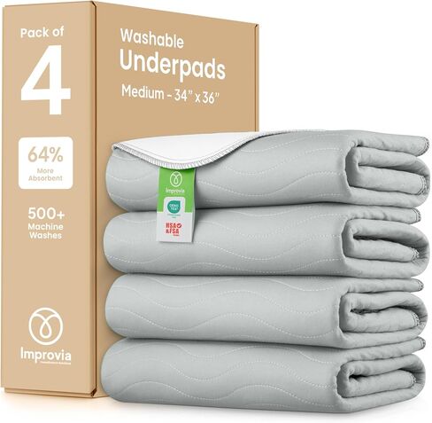 IMPROVIA® Washable Underpads, Heavy Absorbency Reusable Incontinence Pads for Kids, Adults, Elderly, and Pets, Waterproof Protection Floor (Gray, 34"x36" (Pack of 4)) in Saudi Arabia