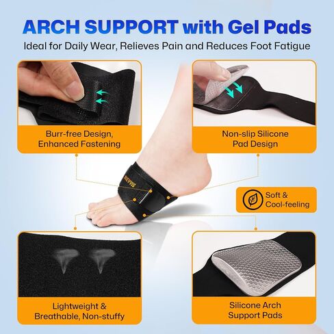NEVVIS Arch Support Braces with Replaceable Gel Pads, Adjustable Orthotic Arch Support for Women Men, Relief for Plantar Fasciitis, High Arch, Flat Feet, Foot Fatigue, Arch Pain, 4 Pads with 2 Heights in Saudi Arabia