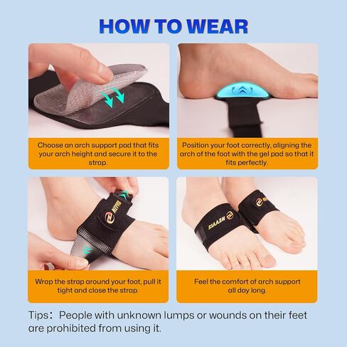 NEVVIS Arch Support Braces with Replaceable Gel Pads, Adjustable Orthotic Arch Support for Women Men, Relief for Plantar Fasciitis, High Arch, Flat Feet, Foot Fatigue, Arch Pain, 4 Pads with 2 Heights in Saudi Arabia