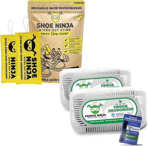 Earth Ninja Fresh Home Bundle – Fridge Ninja (2 Pack) + Shoe Ninja (2 Pack) – Natural Activated Charcoal Odor Eliminators – Long-Lasting, Reusable Deodorizers for Fridge, Shoes, Gym Bags & More in Saudi Arabia