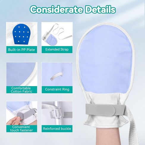 ENLUNTRA 2PCs Medical Restraint Gloves with Touch Fasteners and Long Strap, Soft and Skin-Friendly, Anti-Scratch Safety Hand Mittens for Elderly, Dementia Patients(Blue). in Saudi Arabia