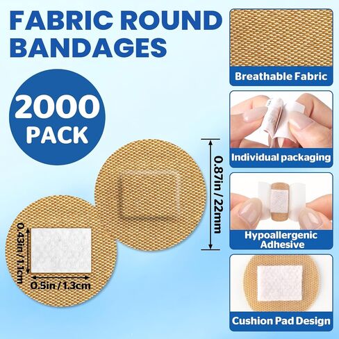 2000 Pack Small Round Bandages, Adhesive Circle Bandages, Breathable Elastic Fabric Bandages with Non-Stick Absorbent Pad, Latex Free Skin-Friendly Bandages for Small Wounds(Diameter 22 mm) in Saudi Arabia
