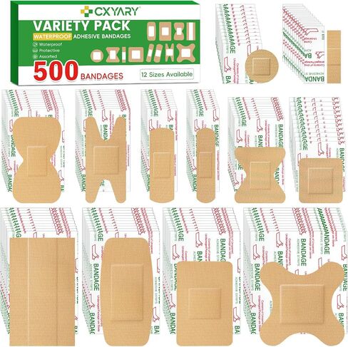 CXYARY 500 Counts Assorted Bandages Bulk Variety Pack,12 Styles Flexible Fabric Heavy Duty Breathable Bandages Individually Wrapped Used for Emergency Treatment and Skin Wound Care, Latex Free in Kuwait