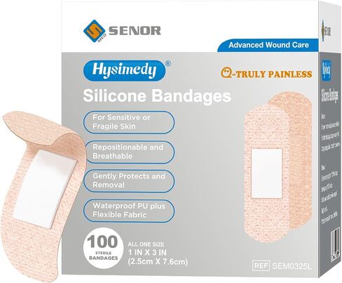 Hysimedy Silicone Bandages for Sensitive Fragile Skin 1"x3" 100 Count Flexible Fabric Latex Free Hypoallergenic Breathable Small Bandages for Wounds Easy Painless Removal for Geriatric and Children in Saudi Arabia