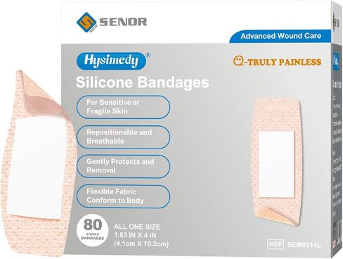 Hysimedy Silicone Bandages for Sensitive Fragile Skin 1.63"x4" 80 Count Flexible Fabric Latex Free Hypoallergenic Breathable Medium Bandages for Wounds Easy Painless Removal for Geriatric and Children in Saudi Arabia