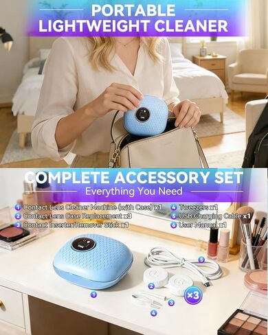 Pro 3.0 Portable Ultrasonic Contact Lens Cleaner【Rechargeable】【50KHz Germany Super Motor】【Top1 Intelligent Chip-Smart Modes】Gentle Cleaning & 99% Brightness, Soft Contact Lens Tools Home Travel (Blue) in Saudi Arabia