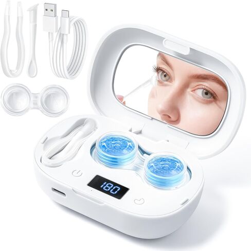 Portable Contact Lens Cleaner with Blue Light,LXIANGN Rechargeable Contact Lens Cleaner with Mirror, 3 Timing Modes for Disposal Soft Lens, Hard Lens, Contact Lens (White) in Kuwait