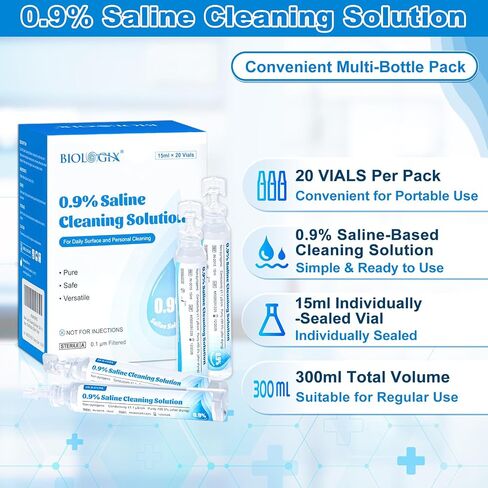 0.9% Normal Saline Solution, Sterile Sodium Chloride Wash, Single-Use Daily Cleansing, Portable Travel Size 15ml Each (20 Vials), 300ml /10.56 FL OZ in Saudi Arabia