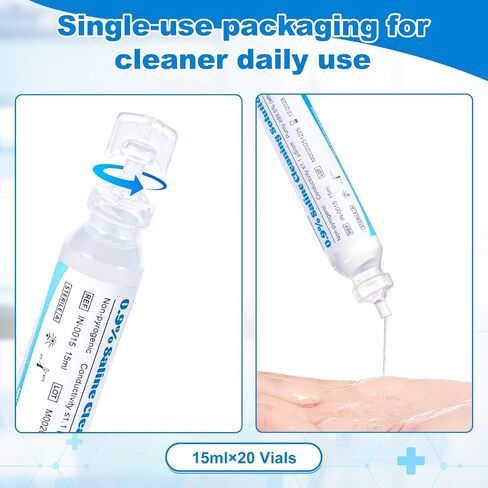 0.9% Normal Saline Solution, Sterile Sodium Chloride Wash, Single-Use Daily Cleansing, Portable Travel Size 15ml Each (20 Vials), 300ml /10.56 FL OZ in Saudi Arabia