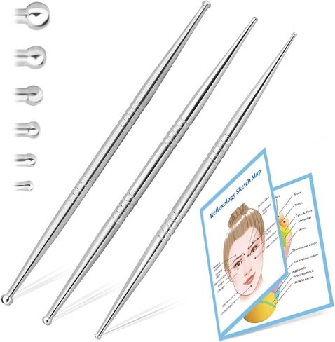 ideayard Facial Reflexology Tool, 3 Pieces/6 Sized Headed Stainless Steel Acupuncture Pen for Ear, Face & Body Acupressure, Massage, Deep Tissue Pain Relief & Muscle Relaxation in Saudi Arabia