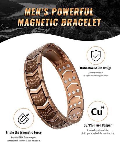 Copper Bracelet for Men,3X Magnetic,3800 Gauss,99.99% Pure Copper Magnetic Bracelets for Men, Power Balance,Shield Design,Gift Box Packaging With Adjustment Tool in Saudi Arabia