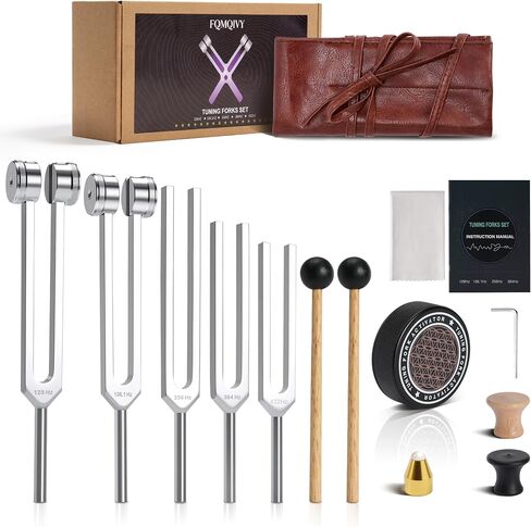 Tuning Forks for Healing Set - 128Hz 136.1Hz 256Hz 384Hz 432Hz, Weighted & Unweighted Tuning Forks with Vegan Leather Pouch & Activator, 128 Hz Tuning Fork for Chakra, Yoga, Meditation & Gift in Kuwait