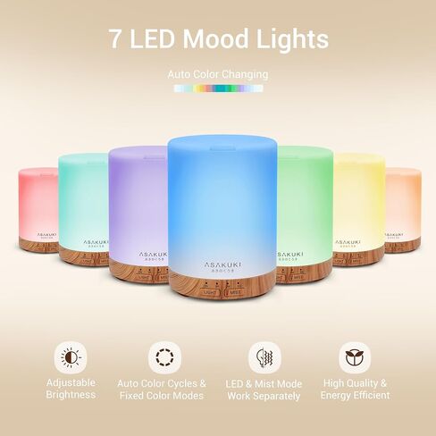 ASAKUKI Essential Oil Diffuser for Home, 300 ml Humidifier with Automatic Shut-Off, Quiet Aromatherapy Diffuser with 7 LED Lights for Living Room, Kitchen, Bedroom, Hotel - Light Brown in Saudi Arabia