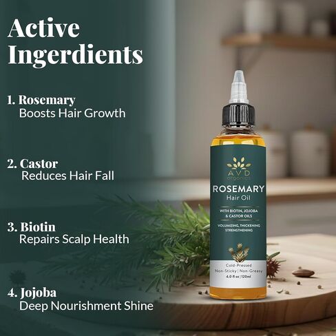 AVD ORGANICS Rosemary Oil for Hair Growth & scalp | Infused with Boitin | Hair Stregthening Nourishing and Volumizing | infused with Jojoba & Castor Oil | NON - GMO 120ml in Saudi Arabia