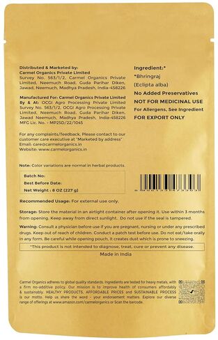 CARMEL ORGANICS Bhringraj Powder 8 Ounce | 100% Pure & Natural | Promotes Hair Growth & Strength | Ayurvedic Herbal Supplement | for Hair & Scalp Care | No Added Preservatives, Non-GMO in Saudi Arabia