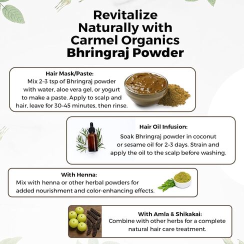 CARMEL ORGANICS Bhringraj Powder 8 Ounce | 100% Pure & Natural | Promotes Hair Growth & Strength | Ayurvedic Herbal Supplement | for Hair & Scalp Care | No Added Preservatives, Non-GMO in Saudi Arabia