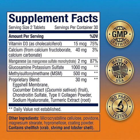 Joyung Joint Health Supplement with 1000mg Glucosamine & 500mg MSM - Advanced Cartilage & Bone Support - Includes Vitamin D3, Manganese & Eggshell Membrane - 60 Tablets in Kuwait
