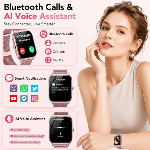 Smart Watch for Women with Bluetooth Calling, Fashion Fitness Tracker with 2 Bands, 1.85" HD Touch Screen, AI Voice Assistant, Heart Rate Sleep Monitor,120+ Sports Modes,Compatible with Android iPhone in Kuwait