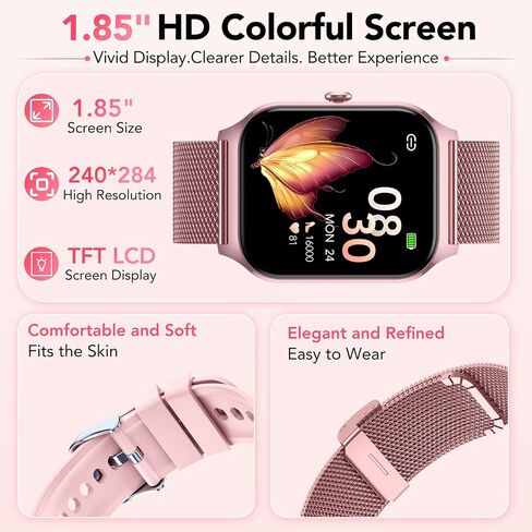 Smart Watch for Women with Bluetooth Calling, Fashion Fitness Tracker with 2 Bands, 1.85" HD Touch Screen, AI Voice Assistant, Heart Rate Sleep Monitor,120+ Sports Modes,Compatible with Android iPhone in Kuwait