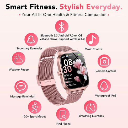 Smart Watch for Women with Bluetooth Calling, Fashion Fitness Tracker with 2 Bands, 1.85" HD Touch Screen, AI Voice Assistant, Heart Rate Sleep Monitor,120+ Sports Modes,Compatible with Android iPhone in Kuwait