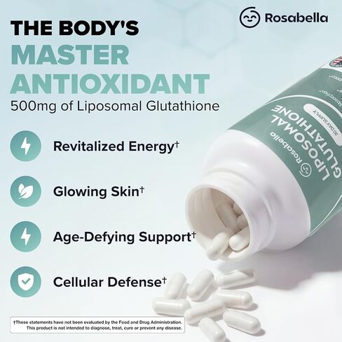 Rosabella Liposomal Glutathione 500mg – High Absorption Glutathione Supplement, Antioxidant Support, Cellular Health & Detox Support, 60 Capsules, 30 Day Supply, Daily Antioxidant Capsules in Saudi Arabia