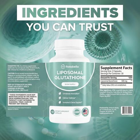 Rosabella Liposomal Glutathione 500mg – High Absorption Glutathione Supplement, Antioxidant Support, Cellular Health & Detox Support, 60 Capsules, 30 Day Supply, Daily Antioxidant Capsules in Saudi Arabia