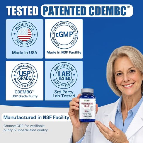 CDE Methylene Blue Capsules 30mg - Made in USA, 90 Days Supply - Pharmaceutical CDEMBC USP Grade, Third Party Lab Tested, Formaldehyde-Free, Non-GMO - Cellular & Cognitive Support in Saudi Arabia