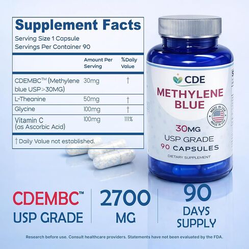 CDE Methylene Blue Capsules 30mg - Made in USA, 90 Days Supply - Pharmaceutical CDEMBC USP Grade, Third Party Lab Tested, Formaldehyde-Free, Non-GMO - Cellular & Cognitive Support in Saudi Arabia