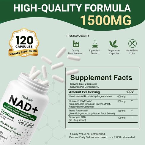 مكمل Ncduyde NAD+، Liposomal NAD Nicotinamide Riboside Resveratrol 1500 mg - مضاد للشيخوخة وصحة الدماغ، وتحسين الطاقة - خصيصًا للنساء والرجال، 120 كبسولة in Kuwait