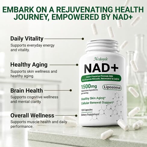 مكمل Ncduyde NAD+، Liposomal NAD Nicotinamide Riboside Resveratrol 1500 mg - مضاد للشيخوخة وصحة الدماغ، وتحسين الطاقة - خصيصًا للنساء والرجال، 120 كبسولة in Kuwait