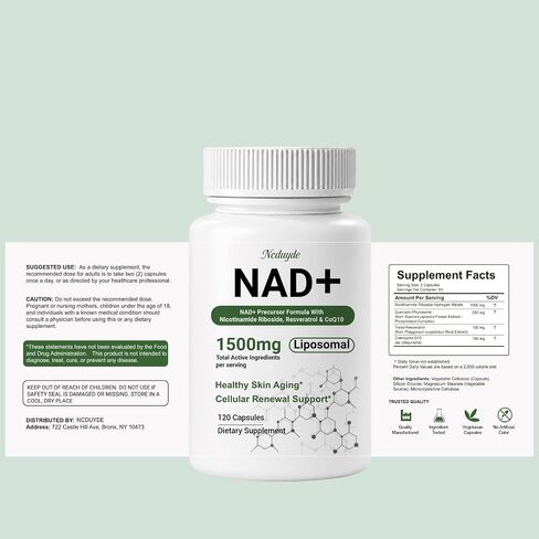 مكمل Ncduyde NAD+، Liposomal NAD Nicotinamide Riboside Resveratrol 1500 mg - مضاد للشيخوخة وصحة الدماغ، وتحسين الطاقة - خصيصًا للنساء والرجال، 120 كبسولة in Kuwait