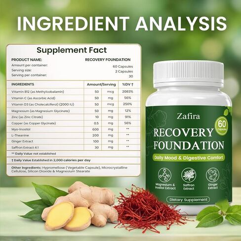 Zafira Recovery Foundation Capsules with Saffron Extract, Myo-Inositol, Magnesium & Ginger Extract for Mood Support, Energy & Focus, Digestive Comfort, Non-GMO, 60 Capsules in Kuwait