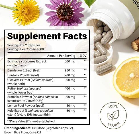 Lymphatic Drainage Supplements, Lymphatic Drainage Capsules for Immune Health & Fluid Balance – Natural Herbal with Echinacea, Dandelion & Burdock Root, Non-GMO, Vegan, Gluten Free - 120 Capsules in Saudi Arabia