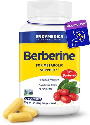 مكمل Enzymedica Berberine HCl 510 مجم - كبسولات بربارين للرجال والنساء، دعم الصحة الأيضية الطبيعية، نباتي، خالي من الغلوتين، غير معدل وراثيًا - 120 كبسولة إطلاق مستهدفة in Kuwait